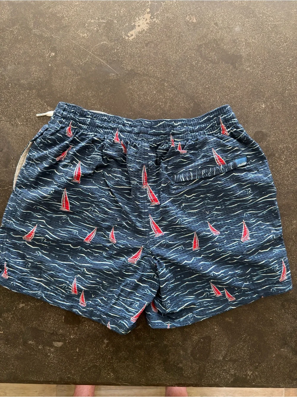 chubbies medium 5.5” inseam Navy Blue Swim Trunks with Red Sailboat Print